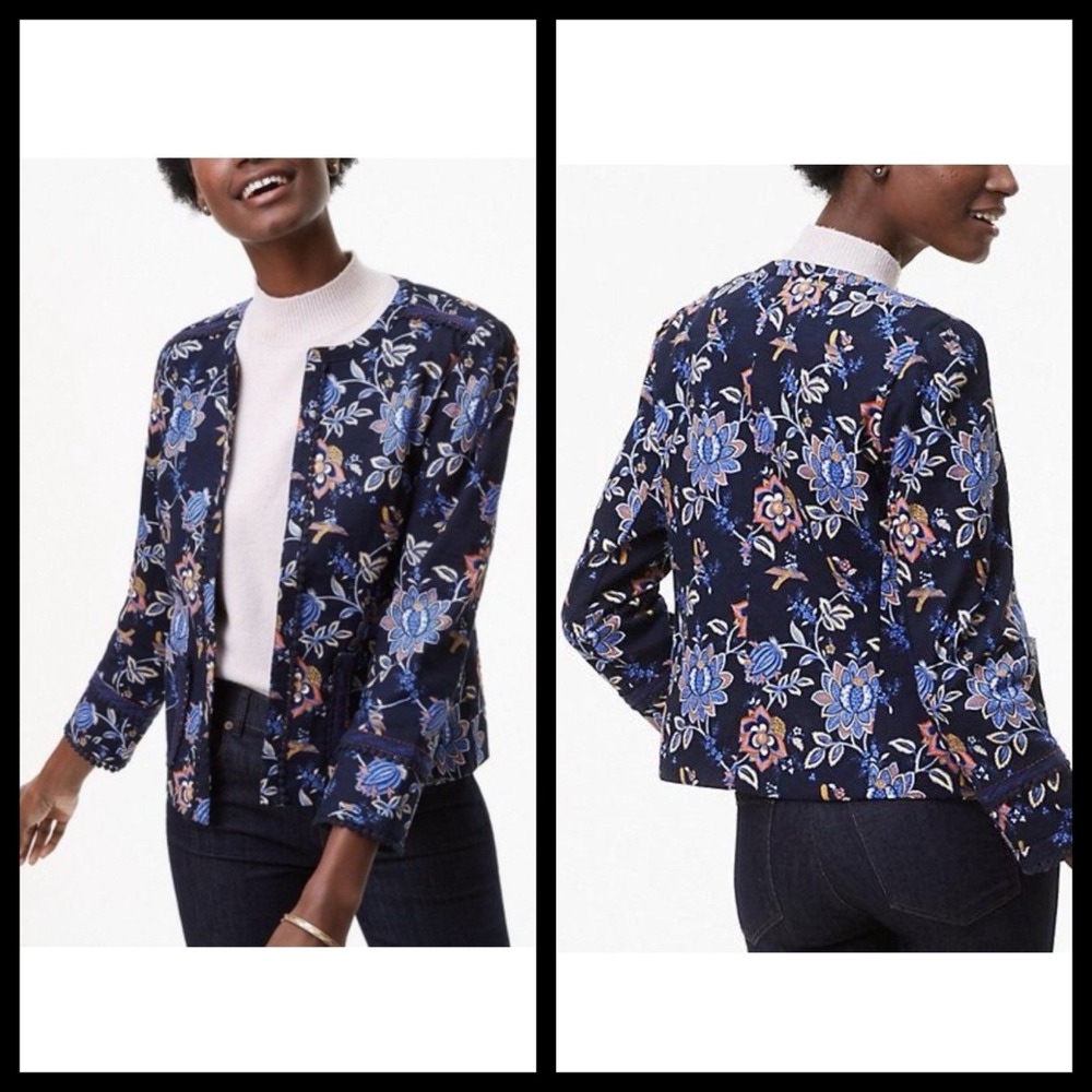 Loft Evening Bird Floral Print Open Front Jacket Navy Blazer Size 2 Pom Pom Trim